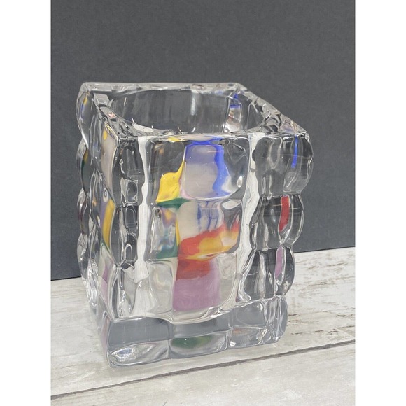 Square Cut Bubble Glass Votive Crystal Candle Holder With Colorful Swirl Candle - Picture 3 of 11